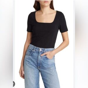 NWT Treasure & Bond women's size large, gray, ribbed, square-neck t-shirt.